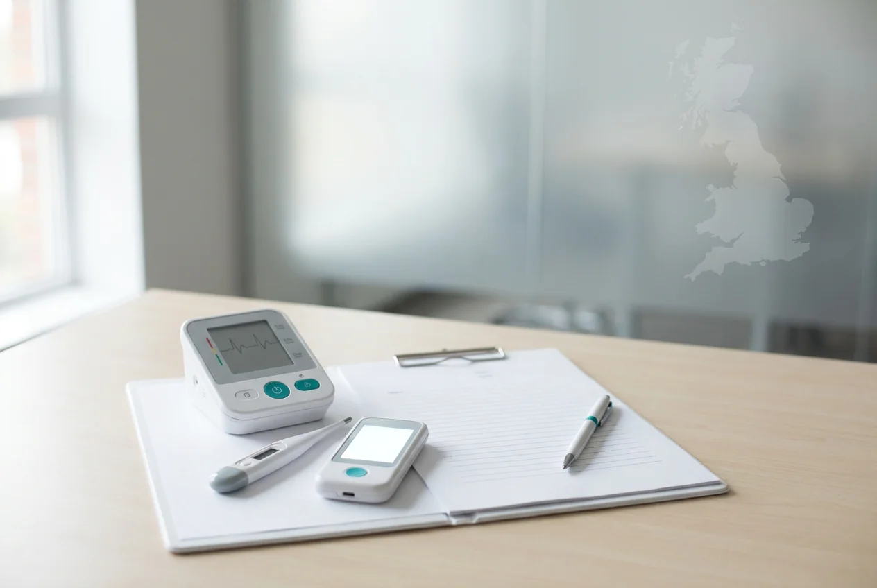 Medical devices and a blank compliance document on a desk, illustrating MHRA device registration requirements in Great Britain