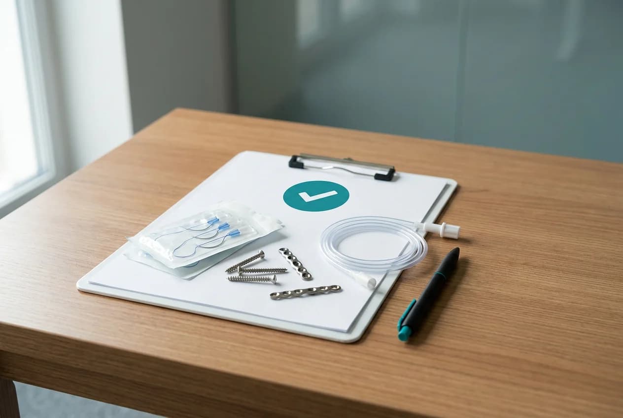 Simple medical devices, sutures, screws, a bone plate, and a catheter, arranged on a clipboard with a checkmark, representing streamlined MDR requirements