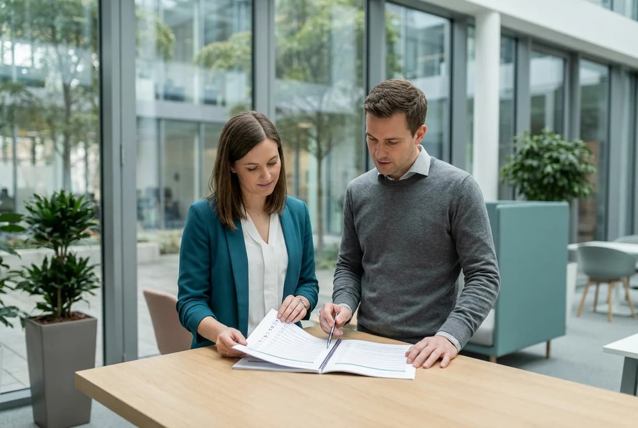 Two colleagues reviewing a printed survey report together in an office, representing the EU study on medical device availability.